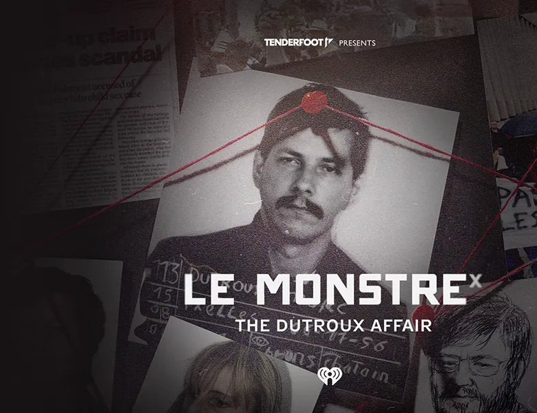 Le Monstre podcast's main cover. Portrait of Marc Dutroux at the police station