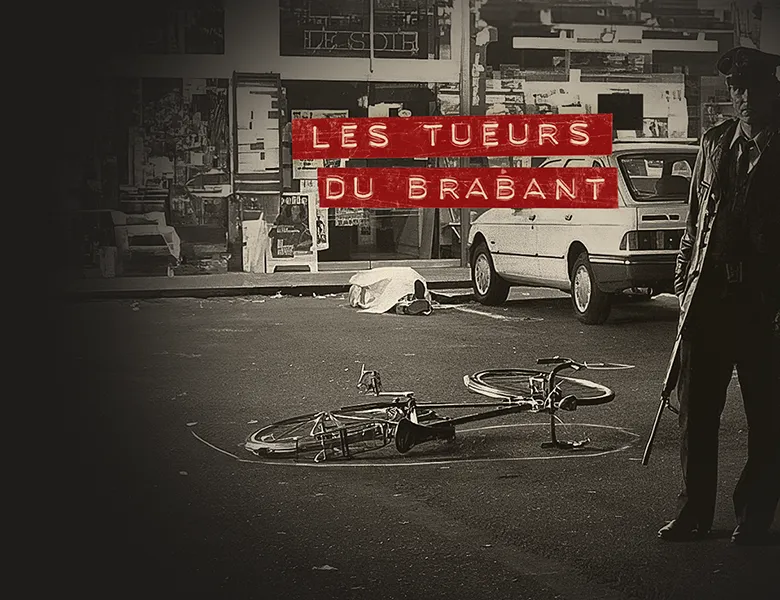 Les Tueurs Du Brabant podcast's main cover. A bike is on the floor of a supermarket parking...